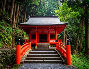 Red Shinto shrine nestled in a misty forest