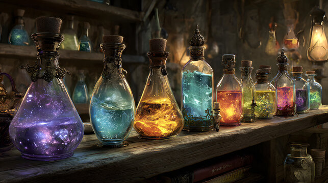 Glowing Potions Row on Rustic Shelf in Fantastical Setting with Sparkling Magic Ingredients