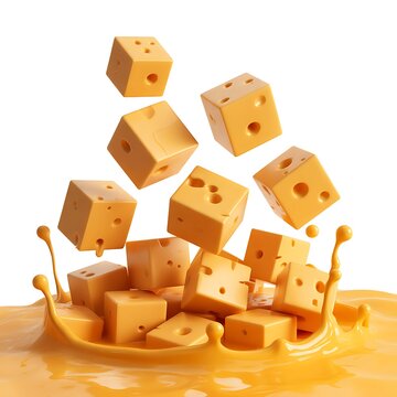 Delicious Cheese Cubes Falling Into a Sea of Cheese Sauce Creating a Fun Culinary Experience with a Playful and Appetizing Display