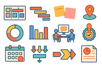 Project management flat icon set. budget, planning, collaboration icons collection