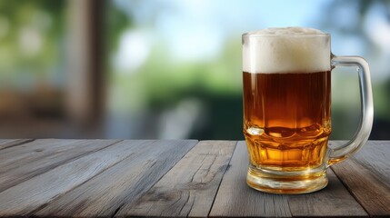 A frothy mug of golden ale rests on a wooden surface, perfect for national beer lover’s day. The drink showcases a rich amber color and inviting bubbles, set against a blurred backdrop
