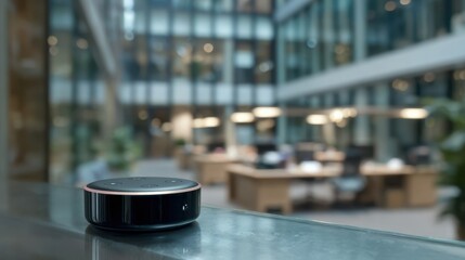 Closeup of voice commands being spoken to a sleek AI assistant set against an outoffocus modern office environment to showcase seamless voice control.