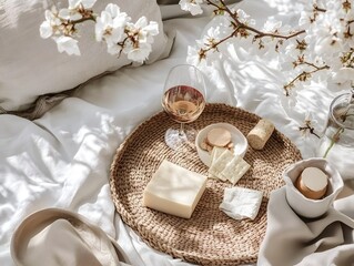 Serene Spring Breakfast in Bed, Wine Cheese Crackers Flowers