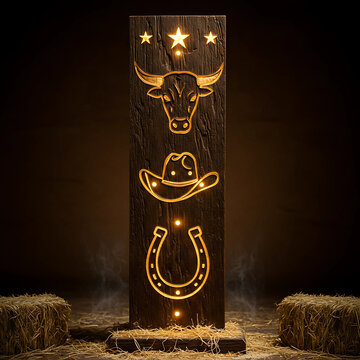 Cowboy Bull Design with LED Lights and Hay &ndash; Americana Country Style