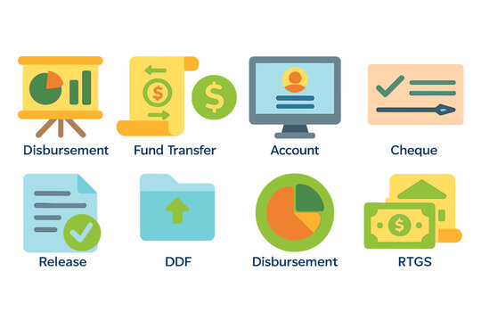 Financial activities icon set. disbursement, fund transfer flat icons collection