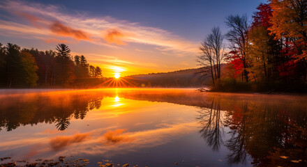 Golden Autumn Sunrise Over Misty Lake with Vibrant Fall Foliage Reflections and Sunburst