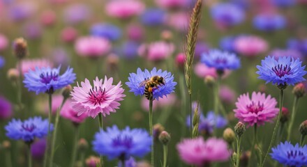 Bee Pollinating Flowers A Colorful Meadow Scene