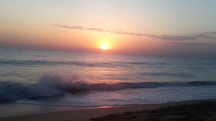 Fototapeta premium Stunning Sunset Ocean Beach Scene Golden Hour Waves