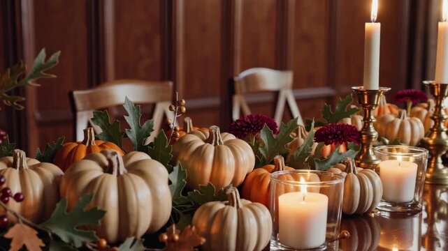 A table is set with a pumpkin centerpiece and candles