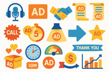 Advertising and marketing flat icon set. promotion, campaign symbols collection