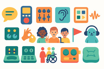 Accessibility, inclusion flat icon set. assistive technology, disability symbols collection