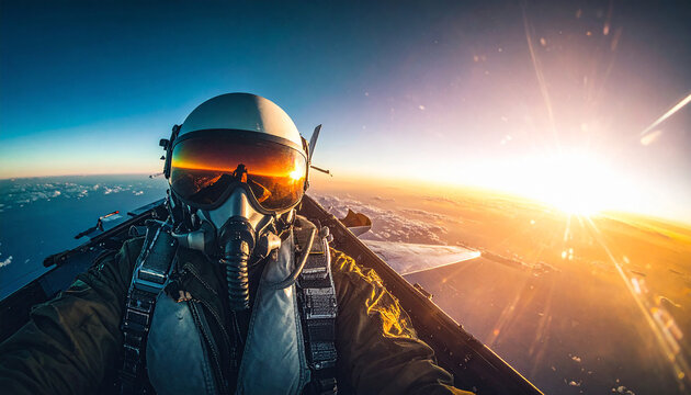 Fighter pilot selfie in cockpit during sunset flight.