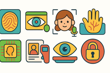 Biometric security flat icon set. fingerprint, face recognition, eye scan, and access control icons collection
