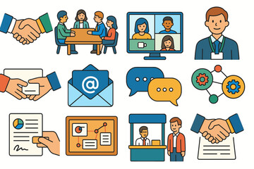 Business communication flat icon set. meeting, email, teamwork icons flat collection