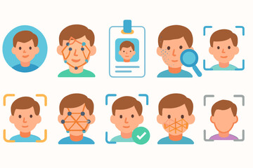 Fototapeta premium Facial recognition icon set. flat style icons for technology, authentication, identity