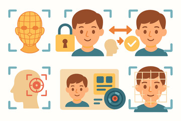 Biometric security flat icon set. face recognition, privacy, id verification designs