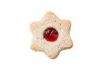 A cookie with a red center and white icing