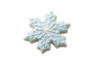 A blue snowflake cookie with white icing