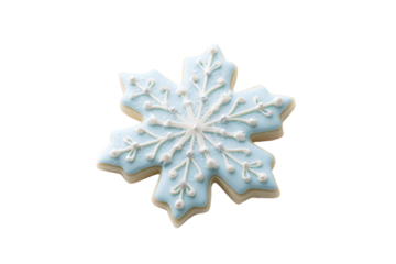 A blue snowflake cookie with white icing