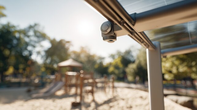 Close medium shot capturing the automated tilting mechanism of a solarshade canopy hovering above a sandbox main structure in crisp focus against a softly blurred sunlit park