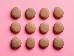 Fototapeta premium Twelve Brown Stones on Pink Background Grid Pattern
