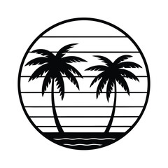 retro sunset with palm tree shadows inside a circle