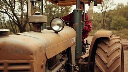 A cinematic rack focus transitions from the gritty detail of a tractor's tire tread to its dusty engine block, highlighting the rugged construction and hardworking history of the agricultural