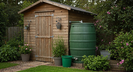 Wooden garden shed with green rainwater barrel and plants  
