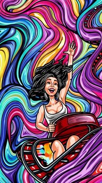 A woman is riding a roller coaster with her arms raised in the air