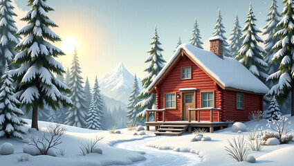Idyllic winter scene of a red wooden cabin in a snowy forest with tall pine trees and sunlight streaming through. Peaceful, serene, and picturesque landscape perfect for seasonal and holiday themes.
