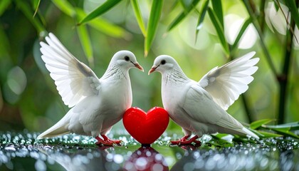 Two White Doves with a Red Heart