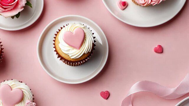 Closeup of decorative cupcakes with heart toppers on pink background for valentine's day - Powered by Adobe