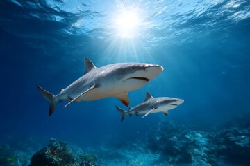 Naklejka premium Two sharks swimming under sunlit ocean waters in a coral reef environment