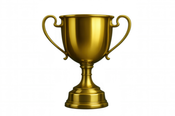 Golden trophy cup with handles on transparent background, symbolizing success, achievement, and winning