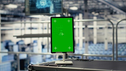 Close up of mockup device in data center with advanced technology supercomputers gear. Green screen tablet in server room with high tech systems detecting data patterns, panning shot