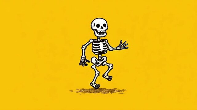 Dancing Skeleton Illustration on Yellow Background Halloween Design