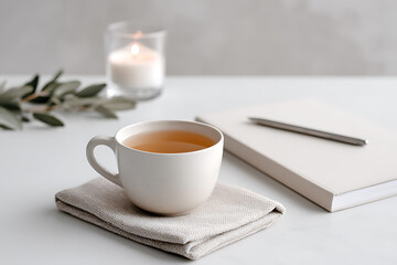 workspace essentials, desk flat lay with journal, pen, and tea for self-care routine