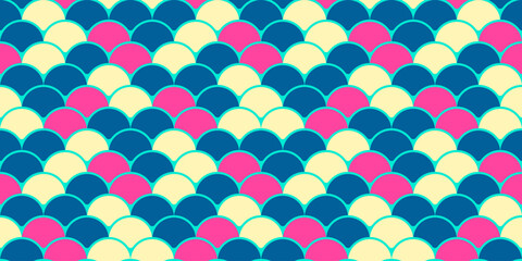 Vibrant fish scale pattern in teal, pink, and cream.  Perfect for textiles, website backgrounds, or playful branding. © Olena