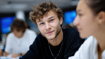Fototapeta premium A young man smiles warmly while engaging in a focused study session, embodying dedication and passion for learning in a dynamic and modern educational environment.