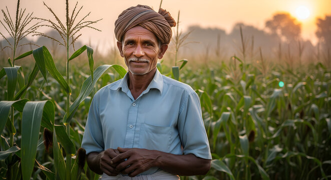 Indian Farmer in Sorghum Field at Sunrise
