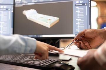 Selective focus on multiethnic developers with a clipboard and pen at desk, discussing prototypes. They are collaborating on design adjustments with CAD software displayed on a desktop pc monitor.