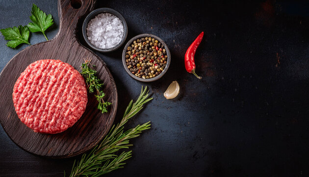 raw ground meat patty with herbs and a fresh steak on a dark background uncooked meal