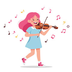 Cartoon girl playing a violin with musical notes floating around her on a white background with a cheerful mood.