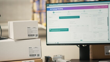 Industrial retail depot managing barcode tracking for large business activity, airway bills shipment details on a tracking software. Logistics efficiency for local and global distribution.
