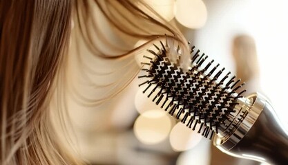 A close-up of a professional hairstylist blow-drying a woman's straight, silky brown hair using a round brush with a black handle and a metallic vented barrel - Powered by Adobe