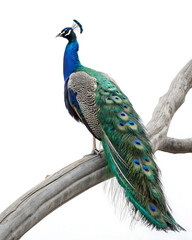 Naklejka premium A vibrant peacock perched gracefully on a weathered branch against a stark white background outdoors