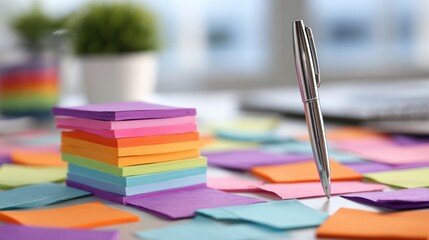 Colorful Sticky Notes Stacked on a Desk With a Pen, Representing Brainstorming and Organization in a Workspace