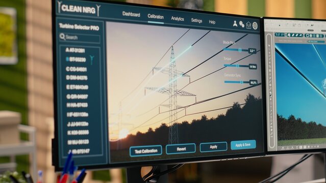 Digital modeling tool on computer used for smart electric grid development in engineering office. CAD software on PC used to work on upgrading high voltage transmission tower