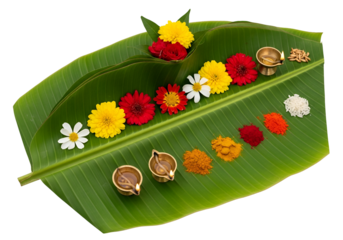 Colorful offerings arranged on a vibrant banana leaf, showcasing various spices, flowers, and oil lamps.