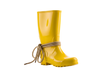 Vibrant yellow rain boots with a tied rope detail stand out against a black background.